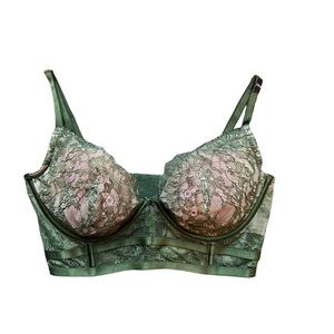 Victoria’s Secret Olive Green Eyelash Lace Unlined Underwire Corset Bra Size 34D